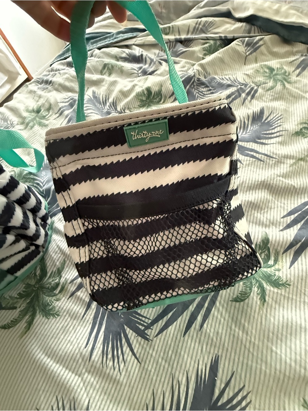 Thirty-One Navy & White Striped Littles Carry All with Teal Handles - RETIRED